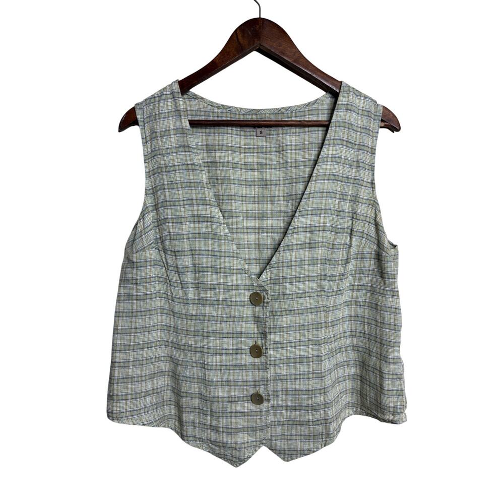 FLAX 100% Linen Sage Plaid Button Front Waistcoat Vest Cottagecore S